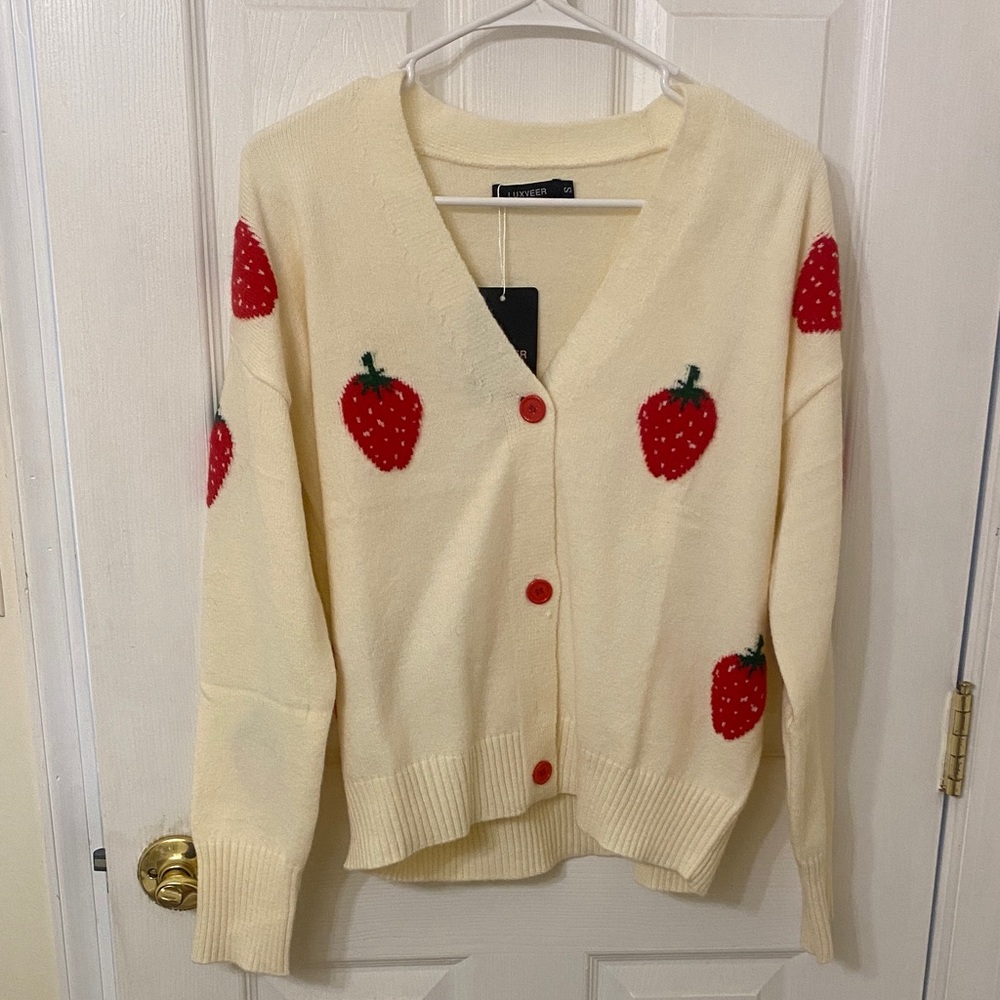 Cream Sweater with Red Strawberry Design